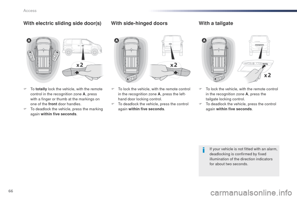 Peugeot Expert VU 2016 - RHD (UK, Australia) Repair Manual 66
F to totally lock the vehicle, with the remote
control in the recognition zone A , press
with a finger or thumb at the markings on
one of the front door handles.
F
t
o d
eadlock the vehicle, Peugeot Expert VU 2016 - RHD (UK, Australia) Repair Manual 66
F to totally lock the vehicle, with the remote
control in the recognition zone A , press
with a finger or thumb at the markings on
one of the front door handles.
F
t
o d
eadlock the vehicle,