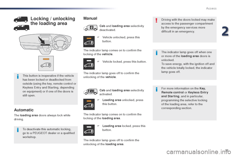 Peugeot Expert VU 2016   - RHD (UK, Australia) Owners Guide 73
F Vehicle unlocked, press this button.
F
 
L
 oading area  locked, press this 
button. For more information on the Key, 
Remote control
 or Keyless Entr y 
and Starting , and in particular, 
progra