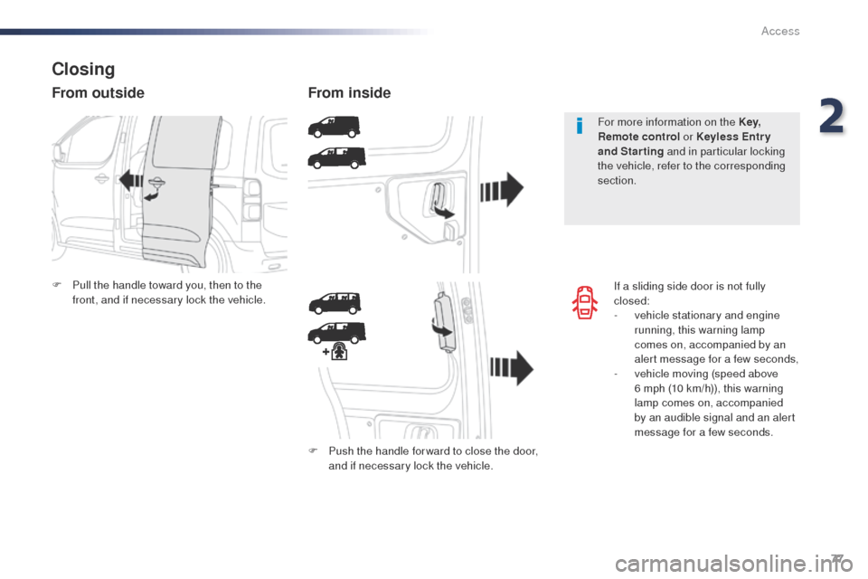 Peugeot Expert VU 2016   - RHD (UK, Australia) Manual PDF 77
If a sliding side door is not fully 
closed:
- 
v
 ehicle stationary and engine 
running, this warning lamp 
comes on, accompanied by an 
alert message for a few seconds,
-
 
v
 ehicle moving (spee