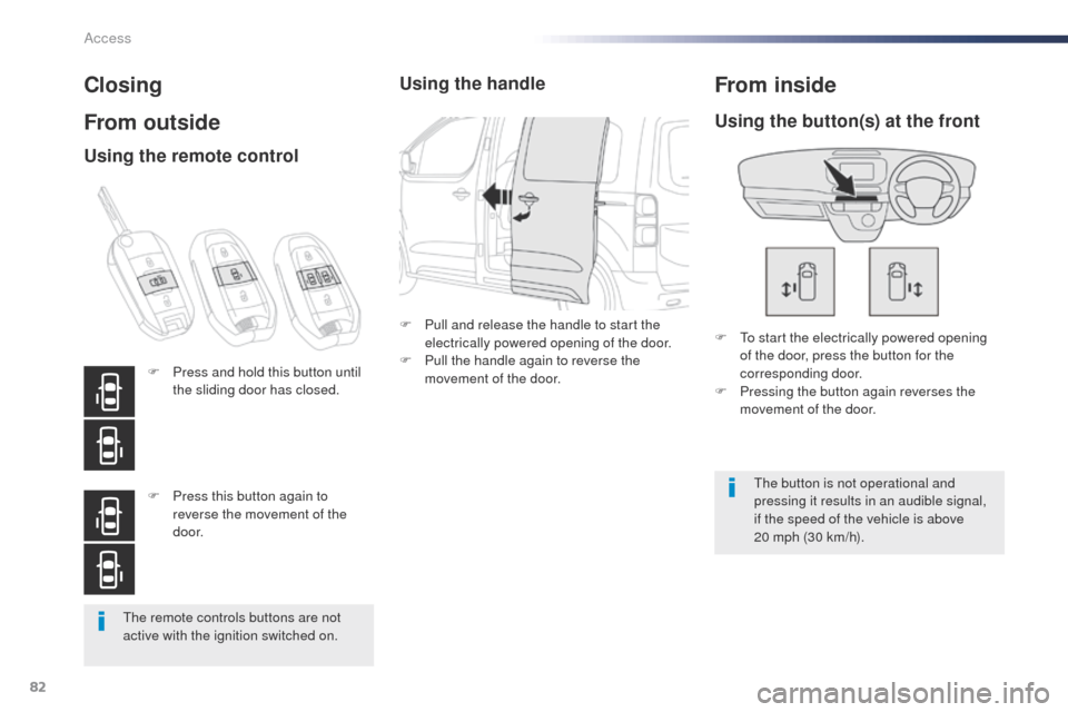 Peugeot Expert VU 2016   - RHD (UK, Australia) Owners Guide 82
the remote controls buttons are not 
active with the ignition switched on.
Closing
From outside
F  to start the electrically powered opening of the door, press the button for the 
corresponding doo