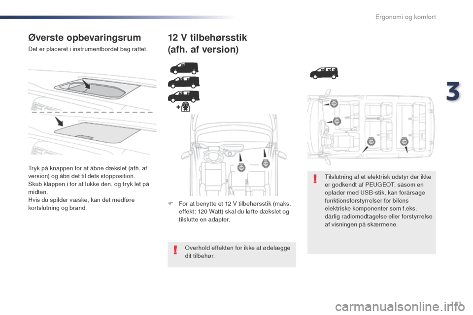Peugeot Expert VU 2016 Instruktionsbog (in Danish) 121
Expert_da_Chap03_ergonomie-et-confort_ed01-2016
Øverste opbevaringsrum
Det er placeret i instrumentbordet bag rattet.
tr
yk på knappen for at åbne dækslet (afh. af
version) og åbn det til de Peugeot Expert VU 2016 Instruktionsbog (in Danish) 121
Expert_da_Chap03_ergonomie-et-confort_ed01-2016
Øverste opbevaringsrum
Det er placeret i instrumentbordet bag rattet.
tr
yk på knappen for at åbne dækslet (afh. af
version) og åbn det til de