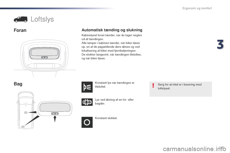 Peugeot Expert VU 2016 Instruktionsbog (in Danish) 141
Expert_da_Chap03_ergonomie-et-confort_ed01-2016
Konstant slukket. Lys ved åbning af en for- eller
b a g dø r. Konstant lys når tændingen er
tilsluttet.
Bag
Loftslys
Foran
Sørg for at intet Peugeot Expert VU 2016 Instruktionsbog (in Danish) 141
Expert_da_Chap03_ergonomie-et-confort_ed01-2016
Konstant slukket. Lys ved åbning af en for- eller
b a g dø r. Konstant lys når tændingen er
tilsluttet.
Bag
Loftslys
Foran
Sørg for at intet