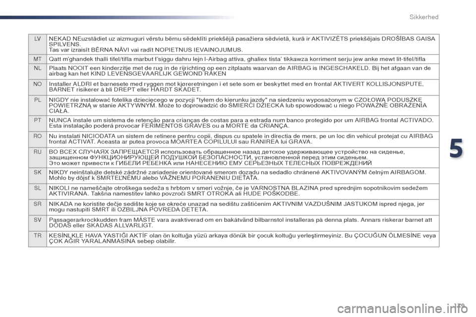 Peugeot Expert VU 2016 Instruktionsbog (in Danish) 179
LVNEK AD NEuzstādiet uz aizmuguri vērstu bērnu sēdeklīti priekšējā pasažiera sēdvietā, kurā ir AKTIVIZĒTS priekšējais DROŠĪBAS GAISA
S P I LV E N S .
Tas var izraisīt BĒRNA NĀ Peugeot Expert VU 2016 Instruktionsbog (in Danish) 179
LVNEK AD NEuzstādiet uz aizmuguri vērstu bērnu sēdeklīti priekšējā pasažiera sēdvietā, kurā ir AKTIVIZĒTS priekšējais DROŠĪBAS GAISA
S P I LV E N S .
Tas var izraisīt BĒRNA NĀ