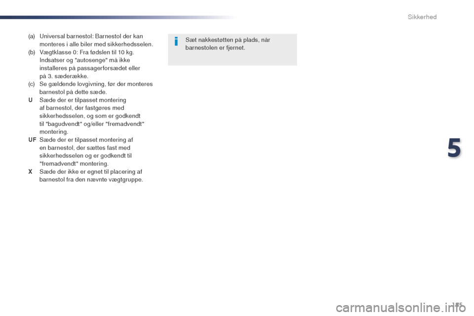 Peugeot Expert VU 2016 Instruktionsbog (in Danish) 185
Expert_da_Chap05_securite_ed01-2016
(a) universal barnestol: Barnestol der kan monteres i alle biler med sikkerhedsselen.
(b)
V
ægtklasse 0: Fra fødslen til 10 kg.
Indsatser og "autosenge" Peugeot Expert VU 2016 Instruktionsbog (in Danish) 185
Expert_da_Chap05_securite_ed01-2016
(a) universal barnestol: Barnestol der kan monteres i alle biler med sikkerhedsselen.
(b)
V
ægtklasse 0: Fra fødslen til 10 kg.
Indsatser og "autosenge"