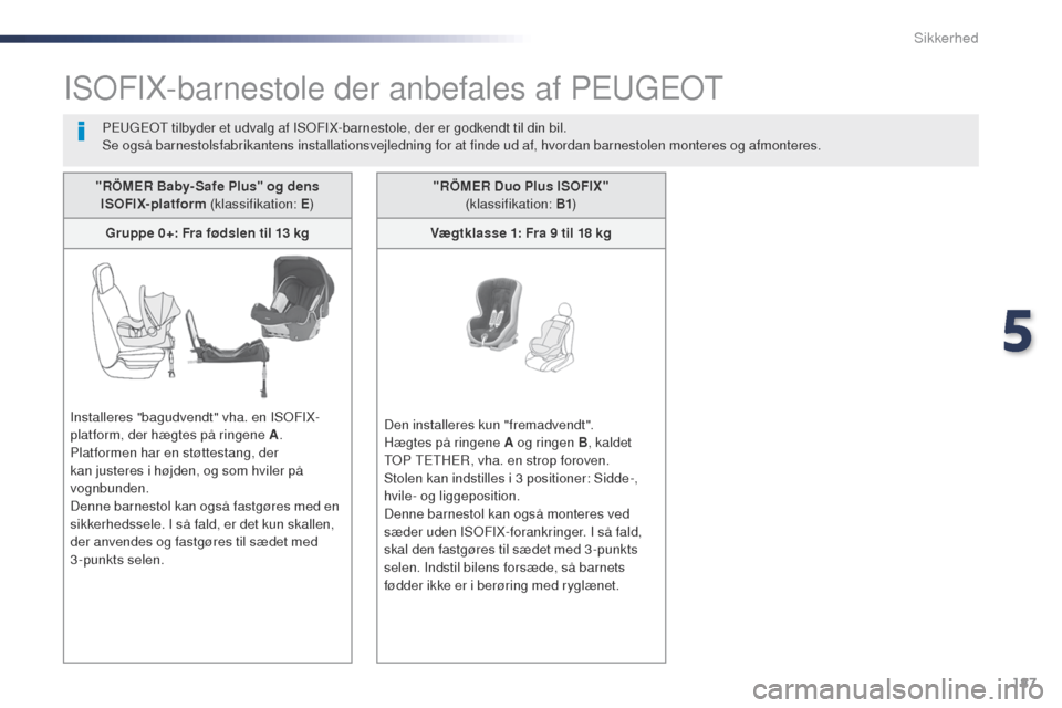 Peugeot Expert VU 2016 Instruktionsbog (in Danish) 187
Expert_da_Chap05_securite_ed01-2016
ISoFIX-barnestole der anbefales af PEugEo t
PEugEot tilbyder et udvalg af ISoF IX-barnestole, der er godkendt til din bil.
Se også barnestolsfabrikantens insta Peugeot Expert VU 2016 Instruktionsbog (in Danish) 187
Expert_da_Chap05_securite_ed01-2016
ISoFIX-barnestole der anbefales af PEugEo t
PEugEot tilbyder et udvalg af ISoF IX-barnestole, der er godkendt til din bil.
Se også barnestolsfabrikantens insta