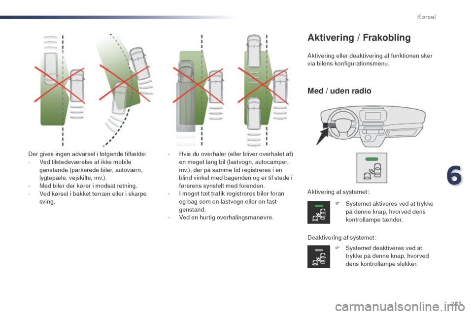 Peugeot Expert VU 2016 Instruktionsbog (in Danish) 253
Expert_da_Chap06_conduite_ed01-2016
Der gives ingen advarsel i følgende tilfælde:
- Ved tilstedeværelse af ikke mobile
genstande (parkerede biler, autoværn,
lygtepæle, vejskilte, mv.).
-
Peugeot Expert VU 2016 Instruktionsbog (in Danish) 253
Expert_da_Chap06_conduite_ed01-2016
Der gives ingen advarsel i følgende tilfælde:
- Ved tilstedeværelse af ikke mobile
genstande (parkerede biler, autoværn,
lygtepæle, vejskilte, mv.).
-