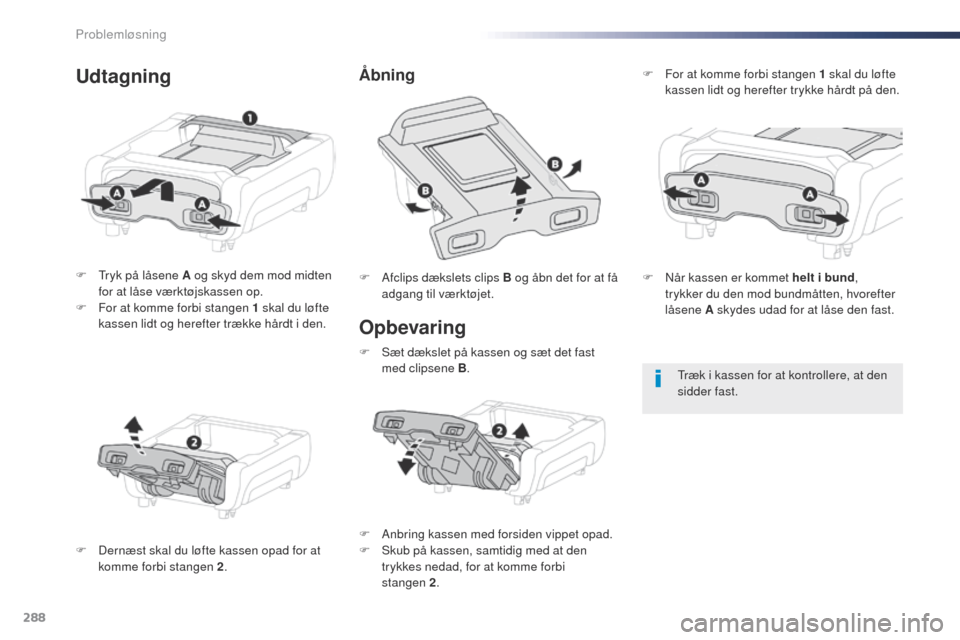 Peugeot Expert VU 2016 Instruktionsbog (in Danish) 288
Expert_da_Chap08_En-cas-de-panne_ed01-2016
Opbevaring
F tryk på låsene A og skyd dem mod midten for at låse værktøjskassen op.
F
F
or at komme forbi stangen 1 skal du løfte
kassen lidt Peugeot Expert VU 2016 Instruktionsbog (in Danish) 288
Expert_da_Chap08_En-cas-de-panne_ed01-2016
Opbevaring
F tryk på låsene A og skyd dem mod midten for at låse værktøjskassen op.
F
F
or at komme forbi stangen 1 skal du løfte
kassen lidt
