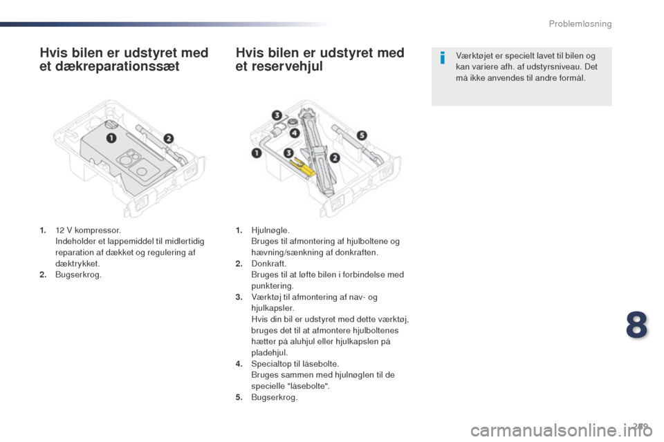Peugeot Expert VU 2016 Instruktionsbog (in Danish) 289
Expert_da_Chap08_En-cas-de-panne_ed01-2016
Hvis bilen er udstyret med
et dækreparationssæt
1. 12 V kompressor. Indeholder et lappemiddel til midlertidig
reparation af dækket og regulering af Peugeot Expert VU 2016 Instruktionsbog (in Danish) 289
Expert_da_Chap08_En-cas-de-panne_ed01-2016
Hvis bilen er udstyret med
et dækreparationssæt
1. 12 V kompressor. Indeholder et lappemiddel til midlertidig
reparation af dækket og regulering af