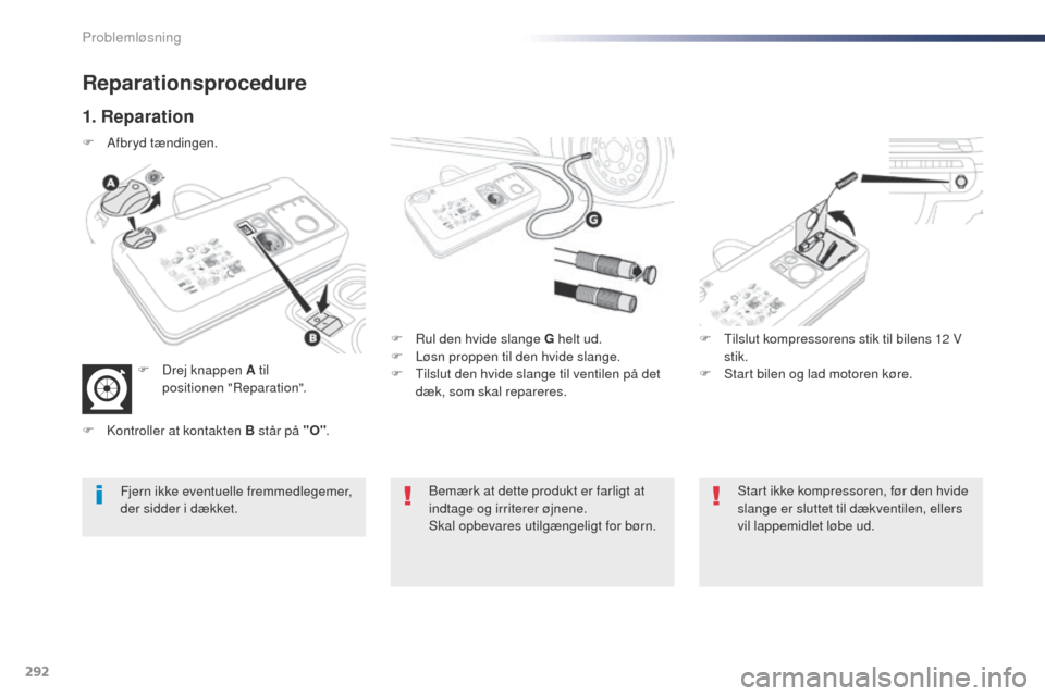 Peugeot Expert VU 2016 Instruktionsbog (in Danish) 292
Expert_da_Chap08_En-cas-de-panne_ed01-2016
Reparationsprocedure
1. Reparation
F Rul den hvide slange G helt ud.
F L øsn proppen til den hvide slange.
F
t
i
lslut den hvide slange til ventilen Peugeot Expert VU 2016 Instruktionsbog (in Danish) 292
Expert_da_Chap08_En-cas-de-panne_ed01-2016
Reparationsprocedure
1. Reparation
F Rul den hvide slange G helt ud.
F L øsn proppen til den hvide slange.
F
t
i
lslut den hvide slange til ventilen