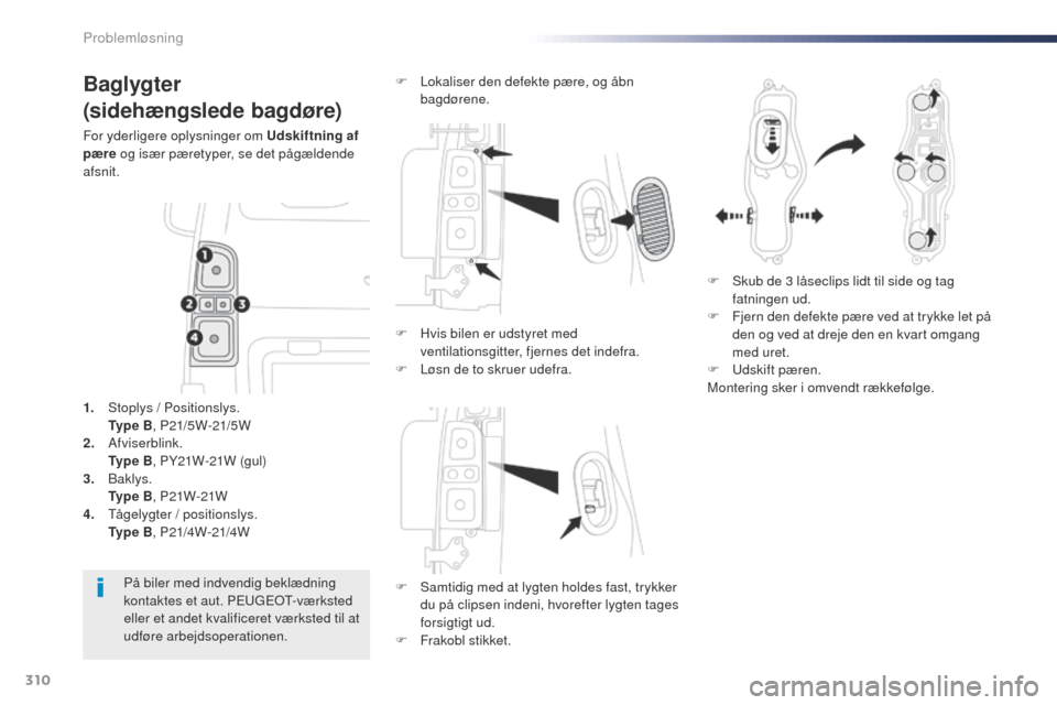 Peugeot Expert VU 2016 Instruktionsbog (in Danish) 310
Expert_da_Chap08_En-cas-de-panne_ed01-2016
Baglygter
(sidehængslede bagdøre)
For yderligere oplysninger om Udskiftning af
pære og især pæretyper, se det pågældende
afsnit.
F
S
amtidig Peugeot Expert VU 2016 Instruktionsbog (in Danish) 310
Expert_da_Chap08_En-cas-de-panne_ed01-2016
Baglygter
(sidehængslede bagdøre)
For yderligere oplysninger om Udskiftning af
pære og især pæretyper, se det pågældende
afsnit.
F
S
amtidig
