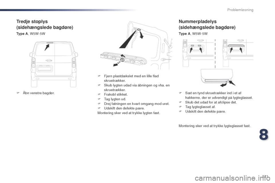 Peugeot Expert VU 2016 Instruktionsbog (in Danish) 311
Expert_da_Chap08_En-cas-de-panne_ed01-2016
Nummerpladelys
(sidehængslede bagdøre)
Ty p e A, W5W-5W
F
F
jern plastdækslet med en lille flad
skruetrækker.
F
S
kub lygten udad via åbning Peugeot Expert VU 2016 Instruktionsbog (in Danish) 311
Expert_da_Chap08_En-cas-de-panne_ed01-2016
Nummerpladelys
(sidehængslede bagdøre)
Ty p e A, W5W-5W
F
F
jern plastdækslet med en lille flad
skruetrækker.
F
S
kub lygten udad via åbning