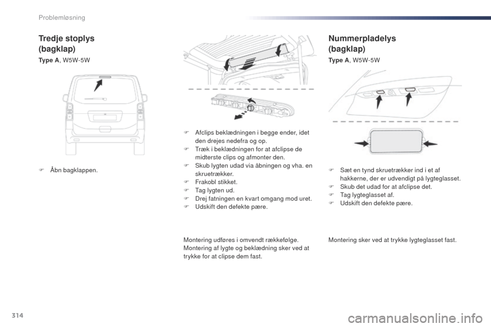 Peugeot Expert VU 2016 Instruktionsbog (in Danish) 314
Expert_da_Chap08_En-cas-de-panne_ed01-2016
Montering sker ved at trykke lygteglasset fast.
F
A
fclips beklædningen i begge ender, idet
den drejes nedefra og op.
F
t
r
æk i beklædningen f Peugeot Expert VU 2016 Instruktionsbog (in Danish) 314
Expert_da_Chap08_En-cas-de-panne_ed01-2016
Montering sker ved at trykke lygteglasset fast.
F
A
fclips beklædningen i begge ender, idet
den drejes nedefra og op.
F
t
r
æk i beklædningen f