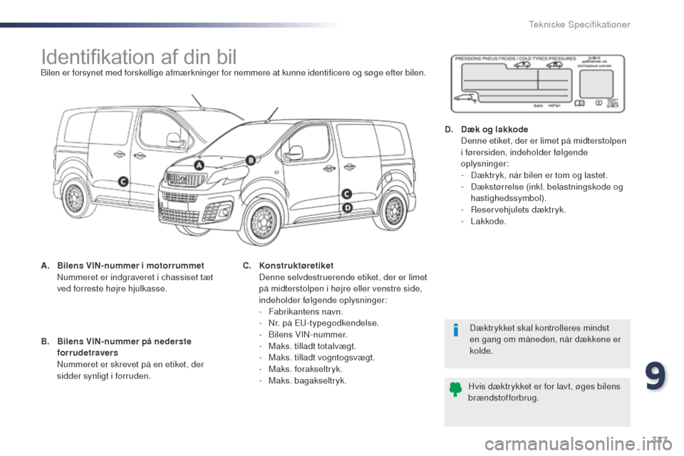 Peugeot Expert VU 2016 Instruktionsbog (in Danish) 337
Expert_da_Chap09_caracteristiques-techniques_ed01-2016
Identifikation af din bilBilen er forsynet med forskellige afmærkninger for nemmere at kunne identificere og søge efter bilen.
A.
B
ilens Peugeot Expert VU 2016 Instruktionsbog (in Danish) 337
Expert_da_Chap09_caracteristiques-techniques_ed01-2016
Identifikation af din bilBilen er forsynet med forskellige afmærkninger for nemmere at kunne identificere og søge efter bilen.
A.
B
ilens