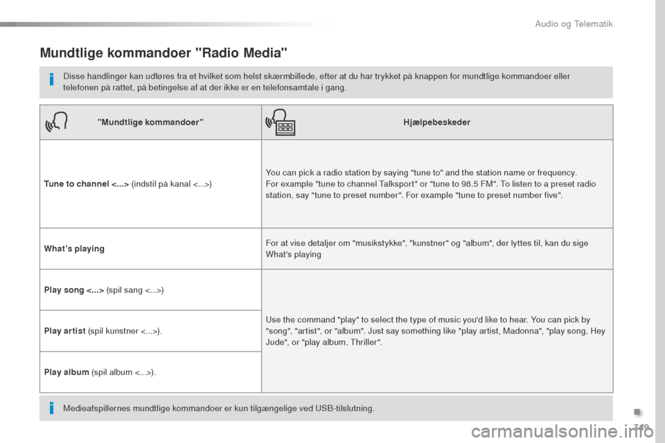 Peugeot Expert VU 2016 Instruktionsbog (in Danish) 349
Expert_da_Chap10b_NAC-1_ed01-2016
Mundtlige kommandoer "Radio Media"
Disse handlinger kan udføres fra et hvilket som helst skærmbillede, efter at du har trykket på knappen for mundtlige kommand Peugeot Expert VU 2016 Instruktionsbog (in Danish) 349
Expert_da_Chap10b_NAC-1_ed01-2016
Mundtlige kommandoer "Radio Media"
Disse handlinger kan udføres fra et hvilket som helst skærmbillede, efter at du har trykket på knappen for mundtlige kommand
