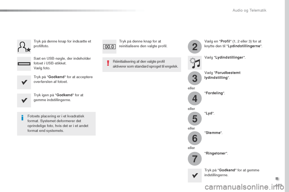 Peugeot Expert VU 2016 Instruktionsbog (in Danish) 419
3
2
4
5
6
7
Expert_da_Chap10b_NAC-1_ed01-2016
Vælg en "Profil" (1, 2 eller 3) for at
knytte den til " Lydindstillingerne ".
Vælg " Lydindstillinger ".
Vælg " Forudbestemt
lydindstilling ".
el Peugeot Expert VU 2016 Instruktionsbog (in Danish) 419
3
2
4
5
6
7
Expert_da_Chap10b_NAC-1_ed01-2016
Vælg en "Profil" (1, 2 eller 3) for at
knytte den til " Lydindstillingerne ".
Vælg " Lydindstillinger ".
Vælg " Forudbestemt
lydindstilling ".
el