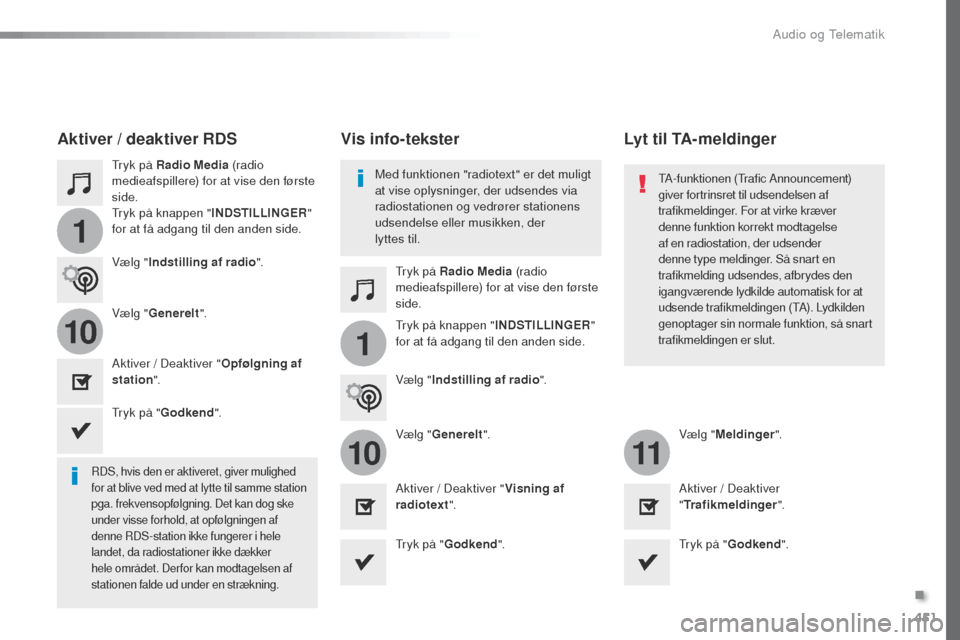 Peugeot Expert VU 2016  Instruktionsbog (in Danish) 451
1
110
1011
Expert_da_Chap10c_RCC-1_ed01-2016
tryk på Radio Media (radio 
medieafspillere) for at vise den første 
side.
tr

yk på Radio Media (radio 
medieafspillere) for at vise den første 
s
