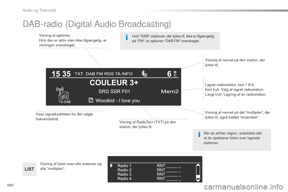 Peugeot Expert VU 2016 Instruktionsbog (in Danish) 490
DAB-radio (Digital Audio Broadcasting)
Visning af optioner:
Hvis den er aktiv men ikke tilgængelig, er
visningen overstreget.Lagret radiostation, tast 1 til 6.
Kort tryk: Valg af lagret radiosta Peugeot Expert VU 2016 Instruktionsbog (in Danish) 490
DAB-radio (Digital Audio Broadcasting)
Visning af optioner:
Hvis den er aktiv men ikke tilgængelig, er
visningen overstreget.Lagret radiostation, tast 1 til 6.
Kort tryk: Valg af lagret radiosta
