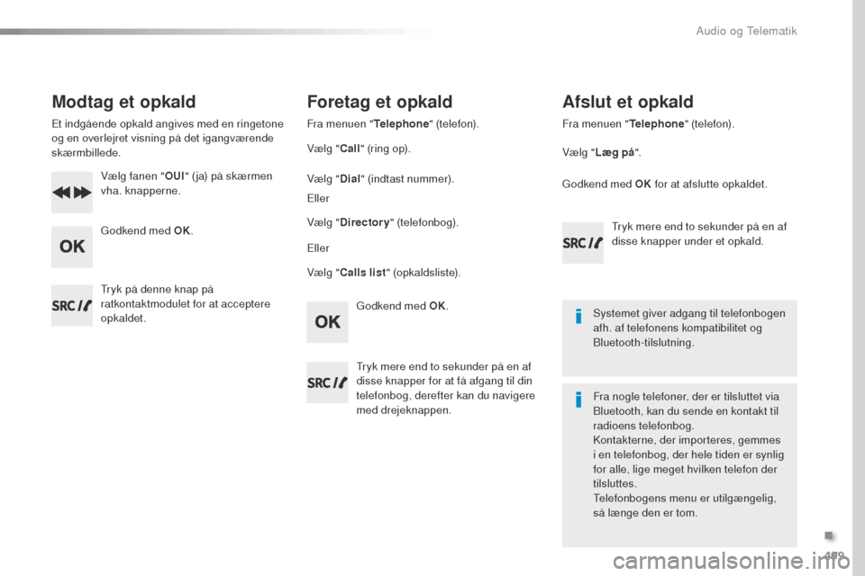 Peugeot Expert VU 2016 Instruktionsbog (in Danish) 499
Expert_da_Chap10d_RD6_ed01-2016
Modtag et opkald
Et indgående opkald angives med en ringetone
og en overlejret visning på det igangværende
skærmbillede.Vælg fanen " OUI" ( ja) på skærmen Peugeot Expert VU 2016 Instruktionsbog (in Danish) 499
Expert_da_Chap10d_RD6_ed01-2016
Modtag et opkald
Et indgående opkald angives med en ringetone
og en overlejret visning på det igangværende
skærmbillede.Vælg fanen " OUI" ( ja) på skærmen