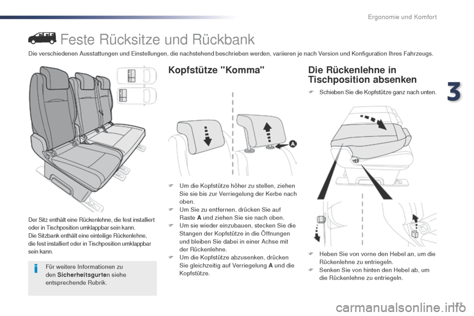 Peugeot Expert VU 2016 Betriebsanleitung (in German) 113
Expert_de_Chap03_ergonomie-et-confort_ed01-2016
Feste Rücksitze und Rückbank
Der Sitz enthält eine Rückenlehne, die fest installiert
oder in ti schposition umklappbar sein kann.
Die Sitzbank Peugeot Expert VU 2016 Betriebsanleitung (in German) 113
Expert_de_Chap03_ergonomie-et-confort_ed01-2016
Feste Rücksitze und Rückbank
Der Sitz enthält eine Rückenlehne, die fest installiert
oder in ti schposition umklappbar sein kann.
Die Sitzbank
