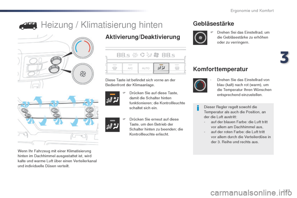 Peugeot Expert VU 2016 Betriebsanleitung (in German) 137
Expert_de_Chap03_ergonomie-et-confort_ed01-2016
Heizung / Klimatisierung hinten
Aktivierung/Deaktivierung
F Drücken Sie auf diese ta ste,
damit die Schalter hinten
funktionieren; die Kontrollle Peugeot Expert VU 2016 Betriebsanleitung (in German) 137
Expert_de_Chap03_ergonomie-et-confort_ed01-2016
Heizung / Klimatisierung hinten
Aktivierung/Deaktivierung
F Drücken Sie auf diese ta ste,
damit die Schalter hinten
funktionieren; die Kontrollle