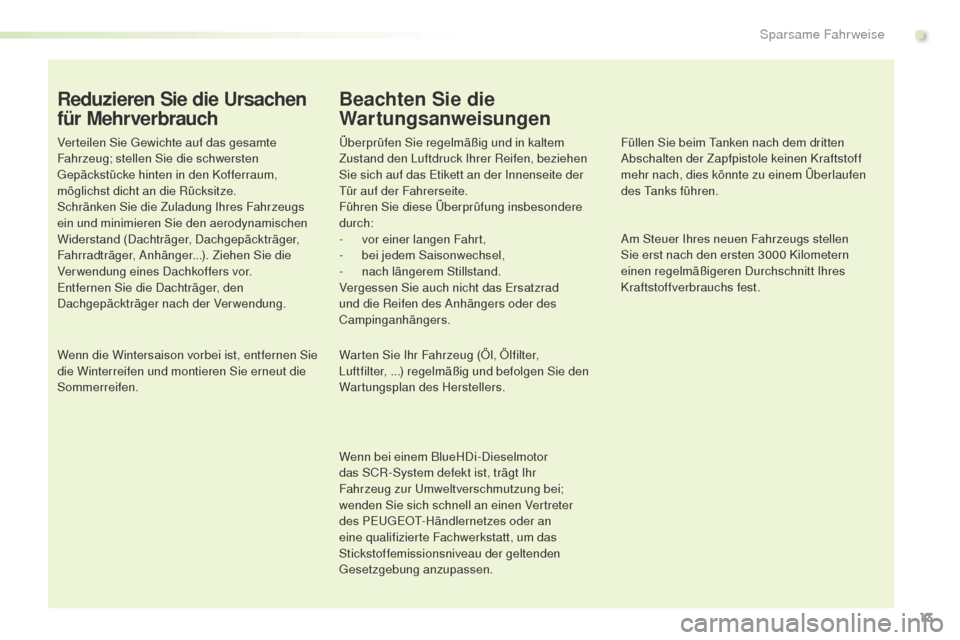 Peugeot Expert VU 2016  Betriebsanleitung (in German) Expert_de_Chap00c_eco-conduite_ed01-2016
Reduzieren Sie die Ursachen 
für Mehrverbrauch
Verteilen Sie gewichte auf das gesamte 
Fahrzeug; stellen Sie die schwersten 
ge

päckstücke hinten in den Ko