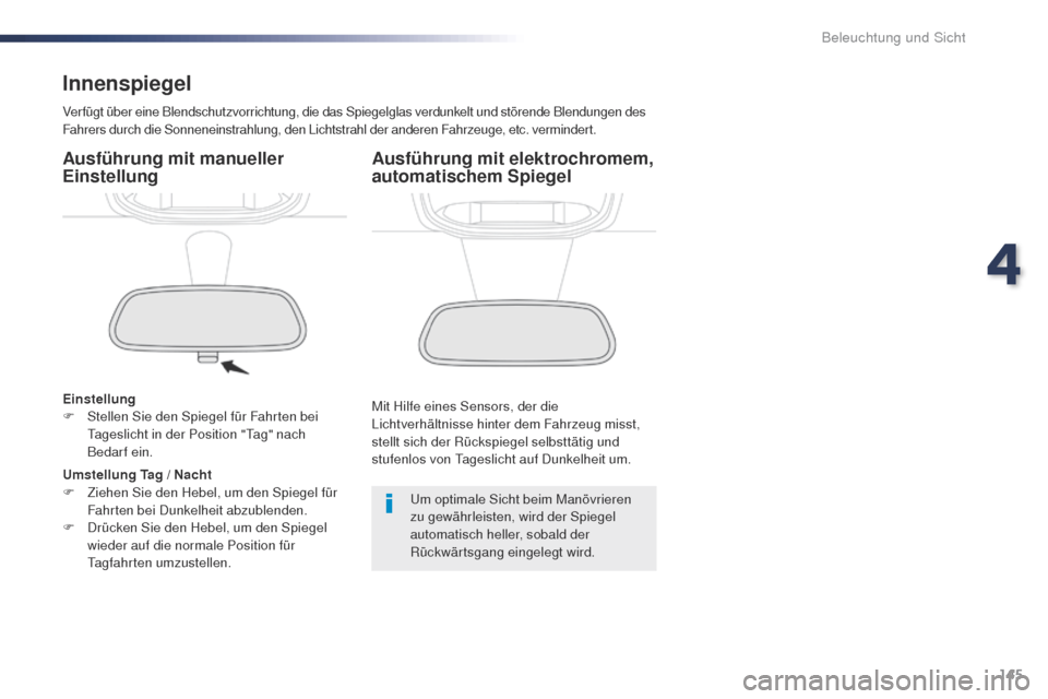 Peugeot Expert VU 2016 Betriebsanleitung (in German) 145
Expert_de_Chap04_eclairage-et-visibilite_ed01-2016
Innenspiegel
Verfügt über eine Blendschutzvorrichtung, die das Spiegelglas verdunkelt und störende Blendungen des
Fahrers durch die Sonnenein Peugeot Expert VU 2016 Betriebsanleitung (in German) 145
Expert_de_Chap04_eclairage-et-visibilite_ed01-2016
Innenspiegel
Verfügt über eine Blendschutzvorrichtung, die das Spiegelglas verdunkelt und störende Blendungen des
Fahrers durch die Sonnenein
