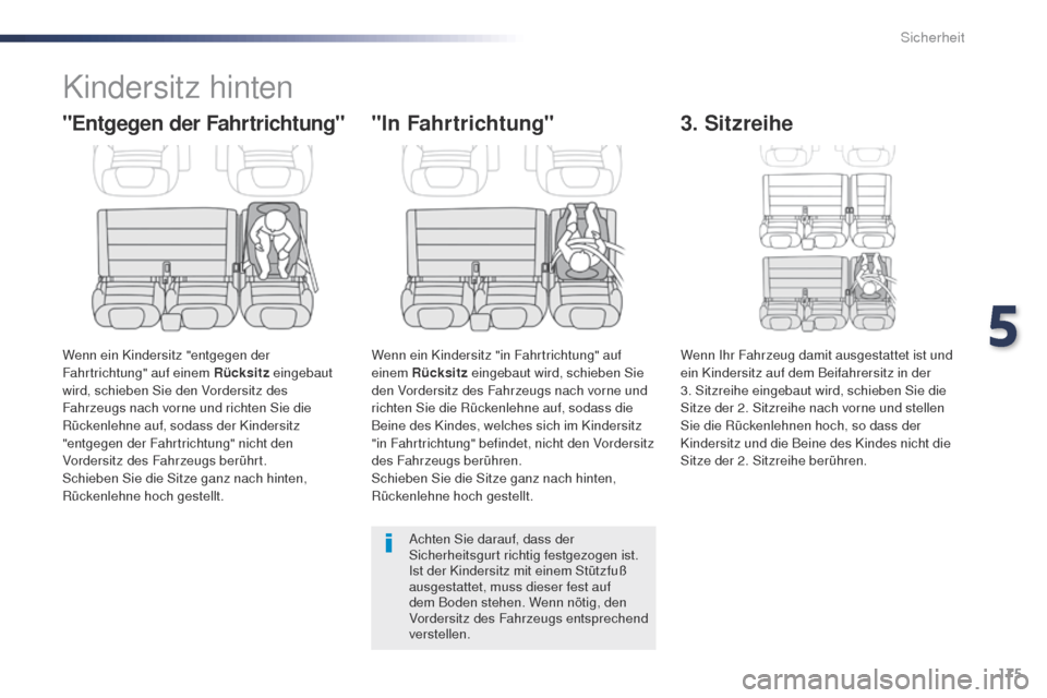 Peugeot Expert VU 2016 Betriebsanleitung (in German) 175
Expert_de_Chap05_securite_ed01-2016
Kindersitz hinten
"Entgegen der Fahrtrichtung"
Wenn ein Kindersitz "entgegen der
Fahrtrichtung" auf einem Rücksitz eingebaut
wird, schieben Sie den Vordersit Peugeot Expert VU 2016 Betriebsanleitung (in German) 175
Expert_de_Chap05_securite_ed01-2016
Kindersitz hinten
"Entgegen der Fahrtrichtung"
Wenn ein Kindersitz "entgegen der
Fahrtrichtung" auf einem Rücksitz eingebaut
wird, schieben Sie den Vordersit