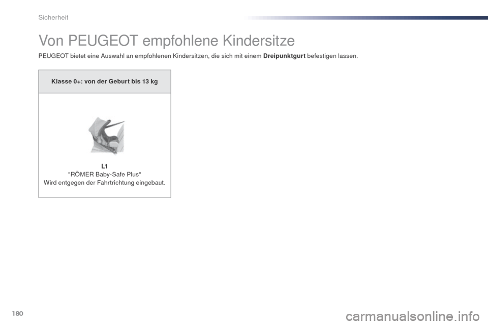 Peugeot Expert VU 2016 Betriebsanleitung (in German) 180
Expert_de_Chap05_securite_ed01-2016
Von PEugEOt e mpfohlene Kindersitze
PEugEOt bietet eine Auswahl an empfohlenen Kindersitzen, die sich mit einem Dreipunktgurt befestigen lassen.
Klasse 0+: von Peugeot Expert VU 2016 Betriebsanleitung (in German) 180
Expert_de_Chap05_securite_ed01-2016
Von PEugEOt e mpfohlene Kindersitze
PEugEOt bietet eine Auswahl an empfohlenen Kindersitzen, die sich mit einem Dreipunktgurt befestigen lassen.
Klasse 0+: von