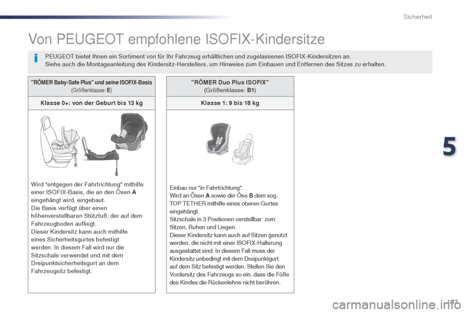 Peugeot Expert VU 2016 Betriebsanleitung (in German) 187
Expert_de_Chap05_securite_ed01-2016
Von PEugEOt e mpfohlene ISOFIX-Kindersitze
PEugEOt bietet Ihnen ein Sortiment von für Ihr Fahrzeug erhältlichen und zugelassenen ISOFIX-Kindersitzen an.
Siehe Peugeot Expert VU 2016 Betriebsanleitung (in German) 187
Expert_de_Chap05_securite_ed01-2016
Von PEugEOt e mpfohlene ISOFIX-Kindersitze
PEugEOt bietet Ihnen ein Sortiment von für Ihr Fahrzeug erhältlichen und zugelassenen ISOFIX-Kindersitzen an.
Siehe