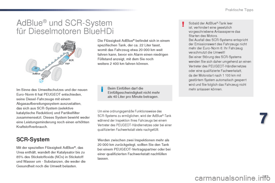 Peugeot Expert VU 2016 Betriebsanleitung (in German) 283
Expert_de_Chap07_info-pratiques_ed01-2016
AdBlue® und SCR-System
für Dieselmotoren BlueHDi
Im Sinne des um weltschutzes und der neuen
Euro-Norm 6 hat PEu gE Ot entschieden,
seine Diesel-Fahrz Peugeot Expert VU 2016 Betriebsanleitung (in German) 283
Expert_de_Chap07_info-pratiques_ed01-2016
AdBlue® und SCR-System
für Dieselmotoren BlueHDi
Im Sinne des um weltschutzes und der neuen
Euro-Norm 6 hat PEu gE Ot entschieden,
seine Diesel-Fahrz