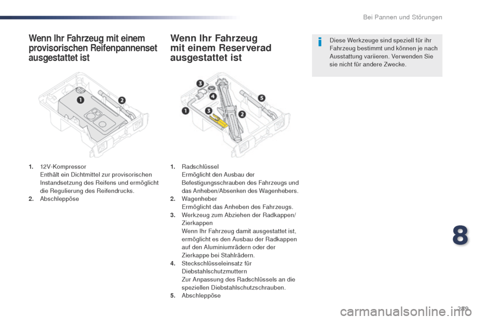 Peugeot Expert VU 2016  Betriebsanleitung (in German) 289
Expert_de_Chap08_En-cas-de-panne_ed01-2016
Wenn Ihr Fahrzeug mit einem 
provisorischen Reifenpannenset 
ausgestattet ist
1. 12V-Kompressor E
nthält ein Dichtmittel zur provisorischen 
Instandsetz