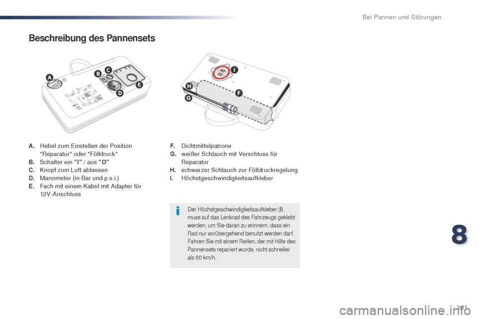 Peugeot Expert VU 2016  Betriebsanleitung (in German) 291
Expert_de_Chap08_En-cas-de-panne_ed01-2016
A. Hebel zum Einstellen der Position "Reparatur" oder "Fülldruck"
B.
 S

chalter ein "I"  / aus "O"
C.
 K

nopf zum Luft ablassen
D.
 M

anometer (in Ba