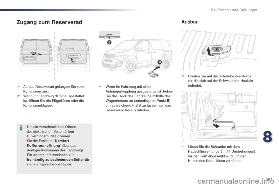 Peugeot Expert VU 2016  Betriebsanleitung (in German) 297
Expert_de_Chap08_En-cas-de-panne_ed01-2016
F An das Reserverad gelangen Sie vom Kofferraum aus.
F
 
W
 enn Ihr Fahrzeug damit ausgestattet 
ist, öffnen Sie die Flügeltüren oder die 
Kofferraumk