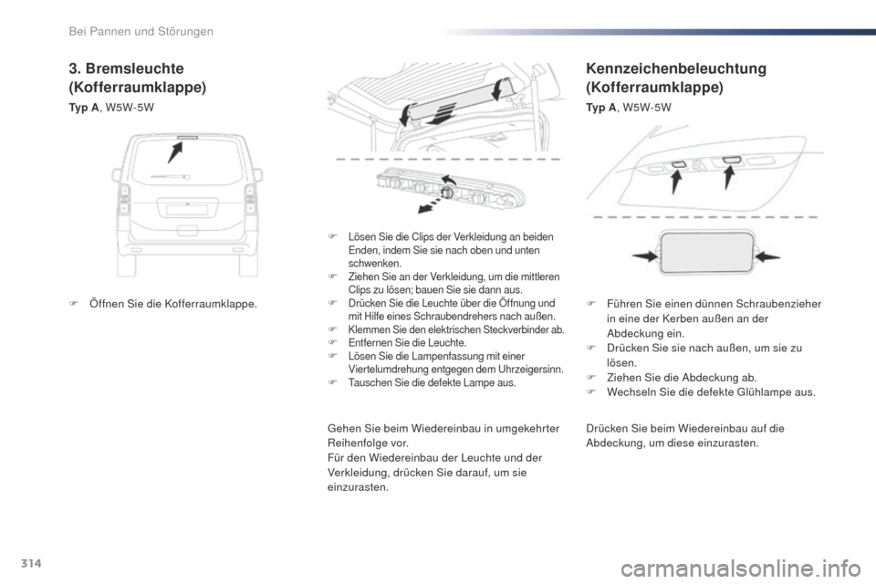 Peugeot Expert VU 2016  Betriebsanleitung (in German) 314
Expert_de_Chap08_En-cas-de-panne_ed01-2016
Drücken Sie beim Wiedereinbau auf die 
Abdeckung, um diese einzurasten.
F
 
Lösen Sie die Clips der Verkleidung an beiden 
Enden, indem Sie sie nach ob