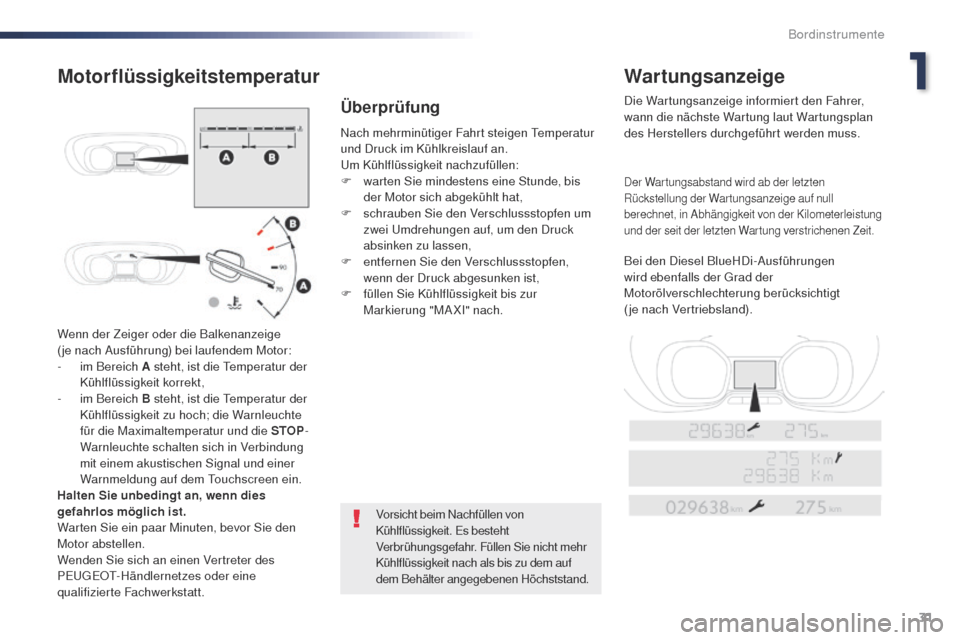 Peugeot Expert VU 2016  Betriebsanleitung (in German) 31
Expert_de_Chap01_instruments-de-bord_ed01-2016
Wenn der Zeiger oder die Balkenanzeige  
(je nach Ausführung) bei laufendem Motor:
- 
i
 m Bereich A steht, ist die  t
e
 mperatur der 
Kühlflüssig