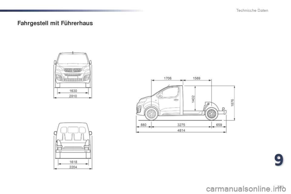 Peugeot Expert VU 2016 Betriebsanleitung (in German) 331
Expert_de_Chap09_caracteristiques-techniques_ed01-2016
Fahrgestell mit Führerhaus
9
technische Daten Peugeot Expert VU 2016 Betriebsanleitung (in German) 331
Expert_de_Chap09_caracteristiques-techniques_ed01-2016
Fahrgestell mit Führerhaus
9
technische Daten