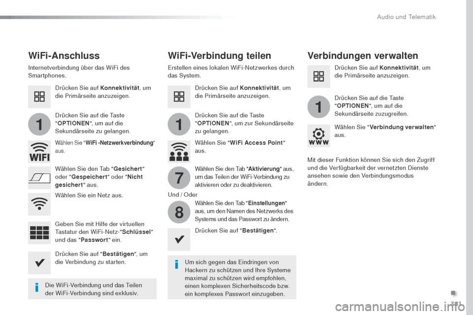 Peugeot Expert VU 2016 Betriebsanleitung (in German) 381
11
1
7
8
Expert_de_Chap10b_NAC-1_ed01-2016
WiFi-AnschlussWiFi-Verbindung teilen Verbindungen verwalten
um sich gegen das Eindringen von
Hackern zu schützen und Ihre Systeme
maximal zu schützen Peugeot Expert VU 2016 Betriebsanleitung (in German) 381
11
1
7
8
Expert_de_Chap10b_NAC-1_ed01-2016
WiFi-AnschlussWiFi-Verbindung teilen Verbindungen verwalten
um sich gegen das Eindringen von
Hackern zu schützen und Ihre Systeme
maximal zu schützen