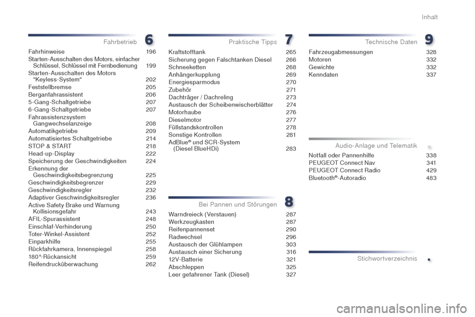 Peugeot Expert VU 2016  Betriebsanleitung (in German) .
.
Expert_de_Chap00a_sommaire_ed01-2016
Fahrhinweise 196
Starten-Ausschalten des Motors, einfacher  Schlüssel, Schlüssel mit Fernbedienung
 
19
 9
Starten-Ausschalten des Motors   "Keyless-System"
