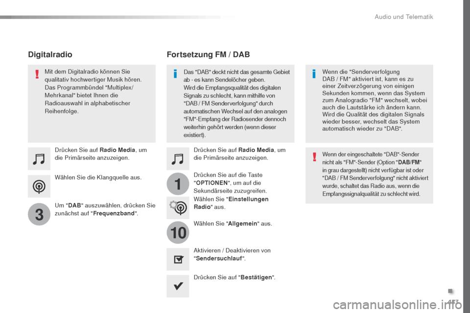 Peugeot Expert VU 2016 Betriebsanleitung (in German) 453
1
10
3
Expert_de_Chap10c_RCC-1_ed01-2016
Wählen Sie die Klangquelle aus. Drücken Sie auf Radio Media, um
die Primärseite anzuzeigen.
um " DA
B" auszuwählen, drücken Sie
zunächst auf " Fre Peugeot Expert VU 2016 Betriebsanleitung (in German) 453
1
10
3
Expert_de_Chap10c_RCC-1_ed01-2016
Wählen Sie die Klangquelle aus. Drücken Sie auf Radio Media, um
die Primärseite anzuzeigen.
um " DA
B" auszuwählen, drücken Sie
zunächst auf " Fre