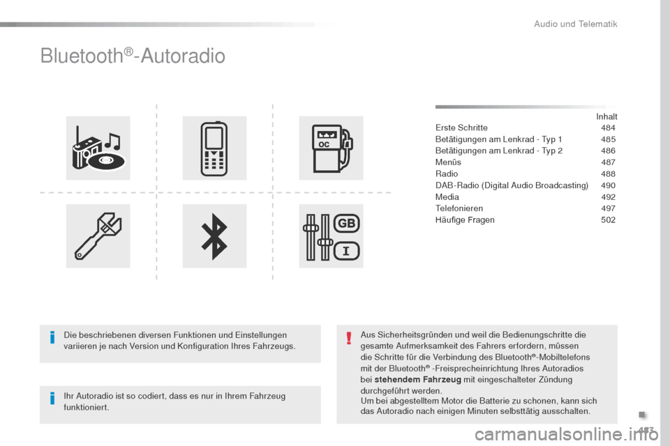 Peugeot Expert VU 2016 Betriebsanleitung (in German) 483
Expert_de_Chap10d_RD6_ed01-2016
Bluetooth®-Autoradio
Inhalt
Erste Schritte
4 84
Betätigungen am Lenkrad -
t
y
p 1
4
85
Betätigungen am Lenkrad -
t
y
p 2
4
86
Menüs
4
87
Radio
4 Peugeot Expert VU 2016 Betriebsanleitung (in German) 483
Expert_de_Chap10d_RD6_ed01-2016
Bluetooth®-Autoradio
Inhalt
Erste Schritte
4 84
Betätigungen am Lenkrad -
t
y
p 1
4
85
Betätigungen am Lenkrad -
t
y
p 2
4
86
Menüs
4
87
Radio
4