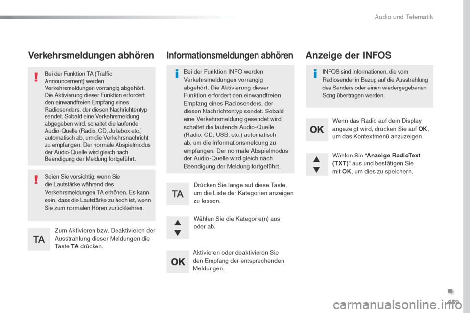 Peugeot Expert VU 2016 Betriebsanleitung (in German) 489
Expert_de_Chap10d_RD6_ed01-2016
Verkehrsmeldungen abhören
Zum Aktivieren bzw. Deaktivieren der
Ausstrahlung dieser Meldungen die
t
a s t e TA drücken.
Bei der Funktion tA (tr affic
Announce Peugeot Expert VU 2016 Betriebsanleitung (in German) 489
Expert_de_Chap10d_RD6_ed01-2016
Verkehrsmeldungen abhören
Zum Aktivieren bzw. Deaktivieren der
Ausstrahlung dieser Meldungen die
t
a s t e TA drücken.
Bei der Funktion tA (tr affic
Announce