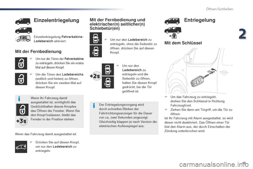 Peugeot Expert VU 2016  Betriebsanleitung (in German) 49
Expert_de_Chap02_ouvertures_ed01-2016
Mit dem Schlüssel
F um nur die tü ren der Fahrerkabine  
zu entriegeln, drücken Sie ein erstes 
Mal auf diesen Knopf.
F  um die  tü ren des Ladebereichs  
