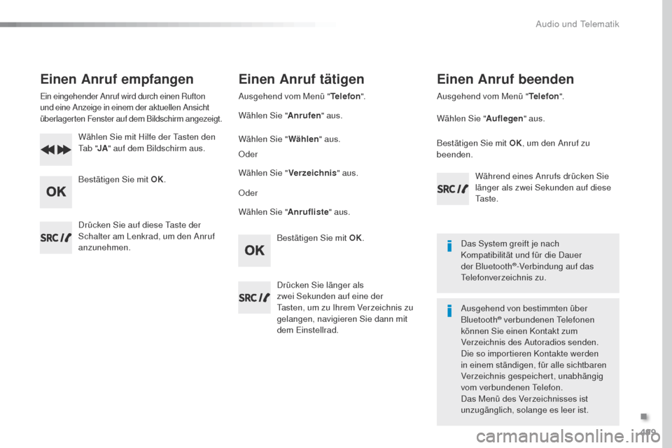 Peugeot Expert VU 2016 Betriebsanleitung (in German) 499
Expert_de_Chap10d_RD6_ed01-2016
Einen Anruf empfangen
Ein eingehender Anruf wird durch einen Rufton
und eine Anzeige in einem der aktuellen Ansicht
überlagerten Fenster auf dem Bildschirm angez Peugeot Expert VU 2016 Betriebsanleitung (in German) 499
Expert_de_Chap10d_RD6_ed01-2016
Einen Anruf empfangen
Ein eingehender Anruf wird durch einen Rufton
und eine Anzeige in einem der aktuellen Ansicht
überlagerten Fenster auf dem Bildschirm angez