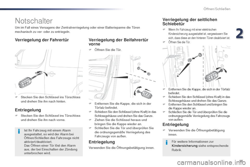 Peugeot Expert VU 2016  Betriebsanleitung (in German) 53
Expert_de_Chap02_ouvertures_ed01-2016
Notschalter
Verriegelung der Fahrertür Verriegelung der Beifahrertür vorne
F Öffnen Sie die tü r.
um

 im Fall eines Versagens der Zentralverriegelung oder