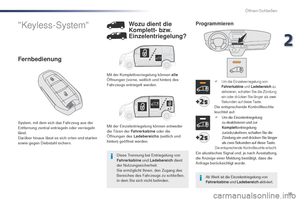 Peugeot Expert VU 2016  Betriebsanleitung (in German) 55
Expert_de_Chap02_ouvertures_ed01-2016
"Keyless-System"
System, mit dem sich das Fahrzeug aus der 
Entfernung zentral entriegeln oder verriegeln 
lässt.
Darüber hinaus lässt es sich orten und sta