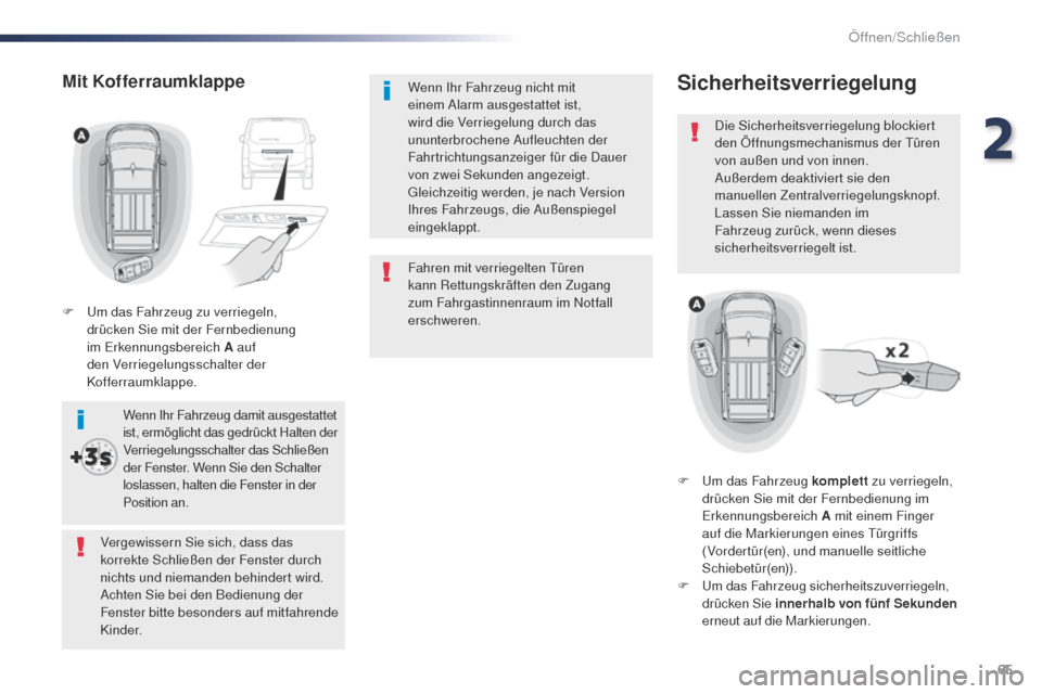 Peugeot Expert VU 2016  Betriebsanleitung (in German) 65
Expert_de_Chap02_ouvertures_ed01-2016
Fahren mit verriegelten türen 
kann Rettungskräften den Zugang 
zum Fahrgastinnenraum im Notfall 
erschweren. Wenn Ihr Fahrzeug nicht mit 
einem Alarm ausges