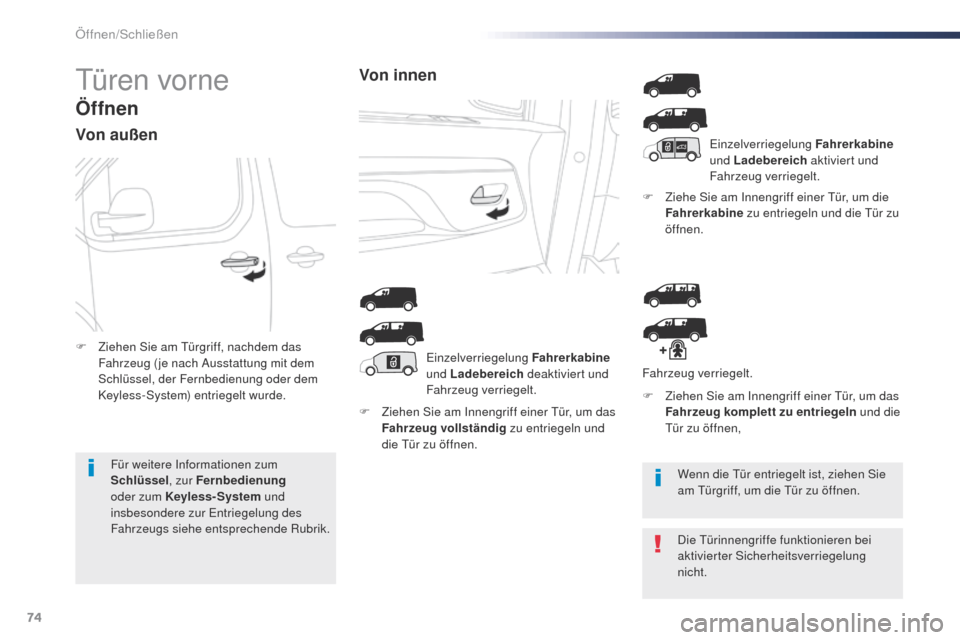 Peugeot Expert VU 2016  Betriebsanleitung (in German) 74
Expert_de_Chap02_ouvertures_ed01-2016
türen vorne
Öffnen
Von außen
F Ziehen Sie am Innengriff einer tü r, um das 
Fahrzeug vollständig  zu entriegeln und 
die 
t
ü
 r zu öffnen. F
 
Z
 iehe 
