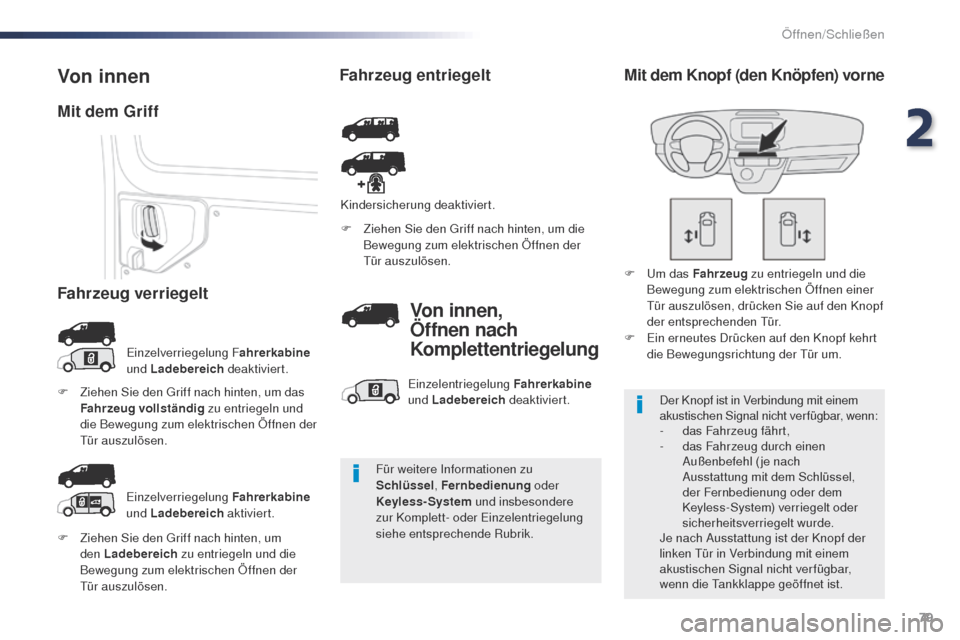Peugeot Expert VU 2016  Betriebsanleitung (in German) 79
Expert_de_Chap02_ouvertures_ed01-2016
F Ziehen Sie den gr iff nach hinten, um 
den Ladebereich  zu entriegeln und die 
Bewegung zum elektrischen Öffnen der 
tü

r auszulösen. F
 
Z
 iehen Sie de