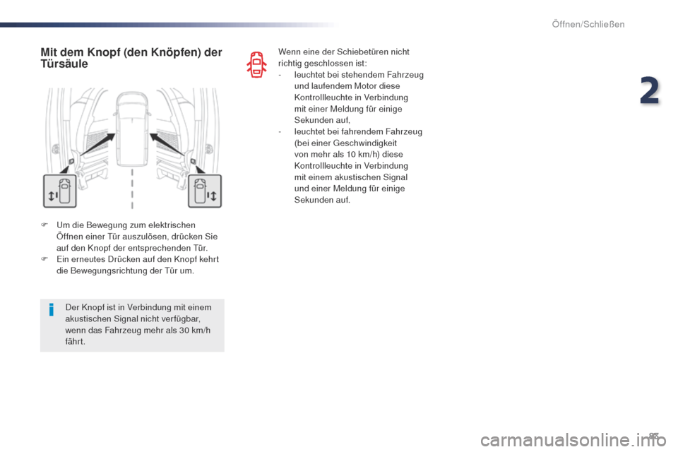 Peugeot Expert VU 2016  Betriebsanleitung (in German) 83
Expert_de_Chap02_ouvertures_ed01-2016
F  um die Bewegung zum elektrischen Öffnen einer  tü r auszulösen, drücken Sie 
auf den Knopf der entsprechenden 
t
ü
 r.
F
 
E
 in erneutes Drücken auf 