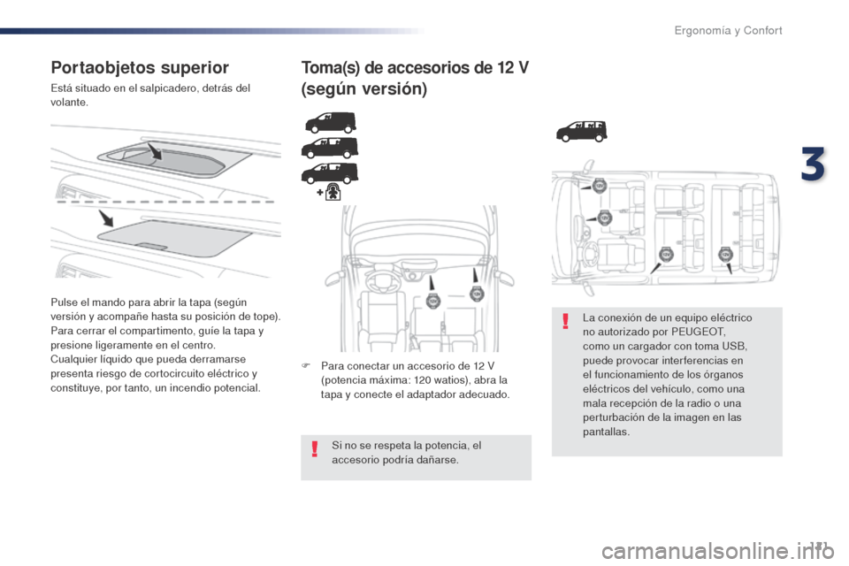 Peugeot Expert VU 2016 Manual del propietario (in Spanish) 121
Expert_es_Chap03_ergonomie-et-confort_ed01-2016
Portaobjetos superior
Está situado en el salpicadero, detrás del
volante.
Pulse el mando para abrir la tapa (según
versión y acompañe hasta s Peugeot Expert VU 2016 Manual del propietario (in Spanish) 121
Expert_es_Chap03_ergonomie-et-confort_ed01-2016
Portaobjetos superior
Está situado en el salpicadero, detrás del
volante.
Pulse el mando para abrir la tapa (según
versión y acompañe hasta s